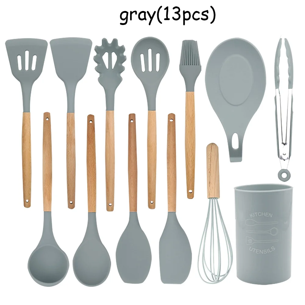 9/10/12 Pcs Silicone Cooking Tools Kitchen Utensils Set Bamboo Handles Cooking Tool None Toxic Kitchen Gadgets Nonstick Cookware - Цвет: Grey 13Pcs