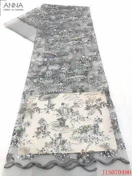 

Anna silver gray nigerian tulle fabric embroidery lace 2020 high quality african net lace french sequins fabrics for party dress