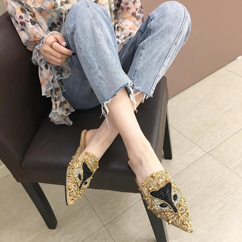 Fox Design Mules Shoes Women Flat Slippers Pointed Toe Rhinestone Rivet Stud Ladies Luxury Loafers Slip On Wedding Party Shoe