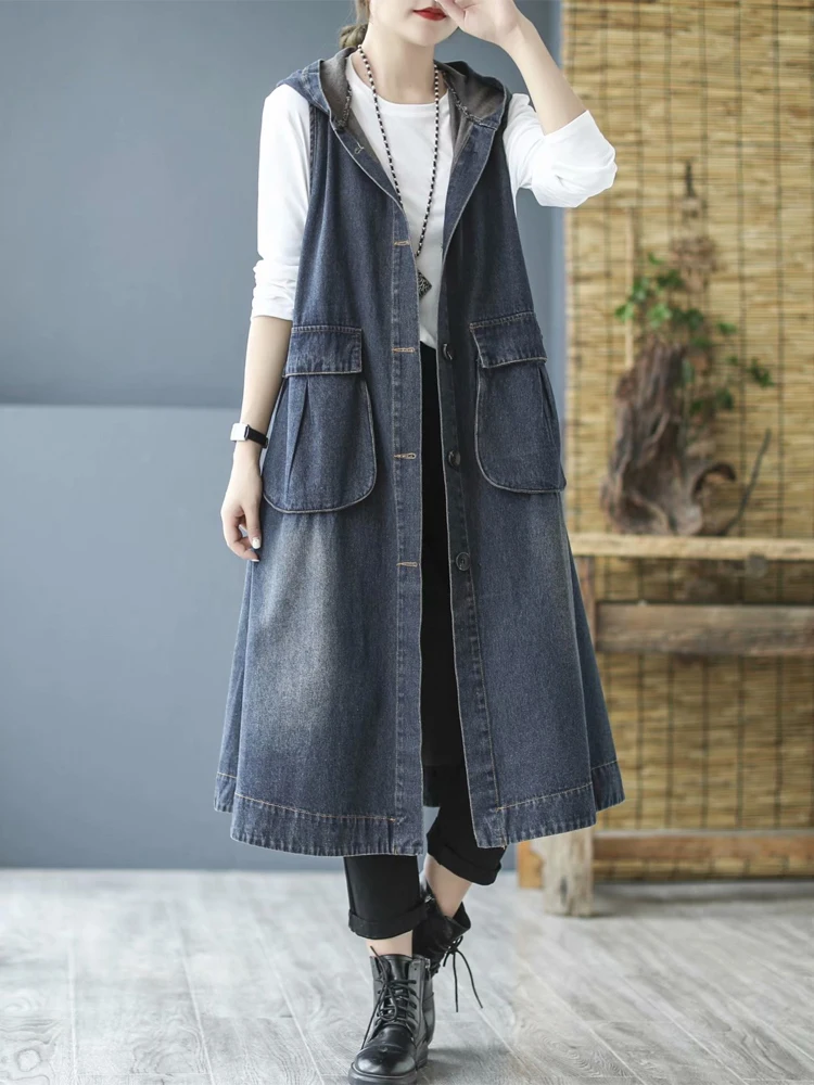 ladies long puffer coat Masss Wasss Korean Style Denim Hooded Long Vest Coat 2021 Women Button Loose Vintage Waistcoats Female Punk Sleeveless Clothes puffer coat with hood