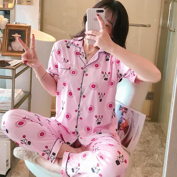 

Pajamas Women's Summer and AutumnShort-Sleeved Trousers Cardigan Pajamas Women's Casual Leisure Tops Two-Piece Set