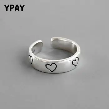 

YPAY 100% Pure 925 Sterling Silver Open Rings for Women Korea INS Vintage Do the Old Style Adjustable Heart Ring Jewelry YMR1024