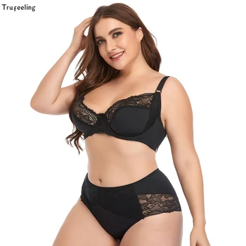 

Trufeeling Popular Women Floral Lace Underwear Set Autumn Winter Ultra Thin Lingerie Set Plus Size Large Cup Bra and Panties Set