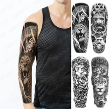 

Waterproof Temporary Full Arm Tattoo Stickers Clock Lion Wolf Zeus Rose Flash Tattoos Men Body Art Big Fake Sleeve Tatto Women
