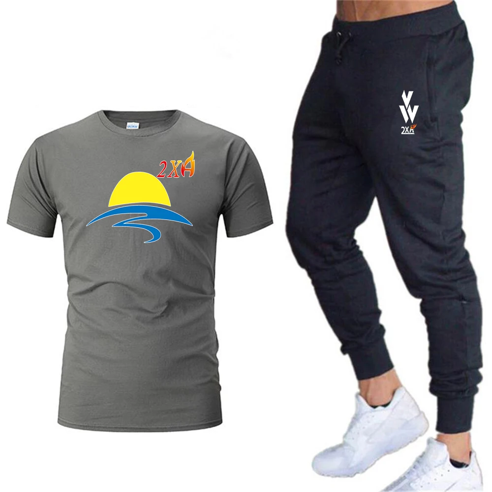 Бренд, мужская спортивная одежда, футболки+ штаны, комплекты одежды для бега, дышащие летние спортивные костюмы для спортзала, бега, фитнеса, тренировок - Цвет: 7