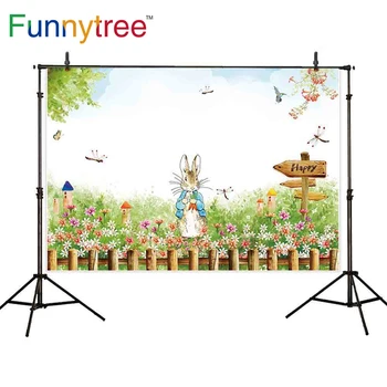

Funnytree photocall background gardon flower rabbit decor spring easter green birthday backdrop photograph photophone photozone