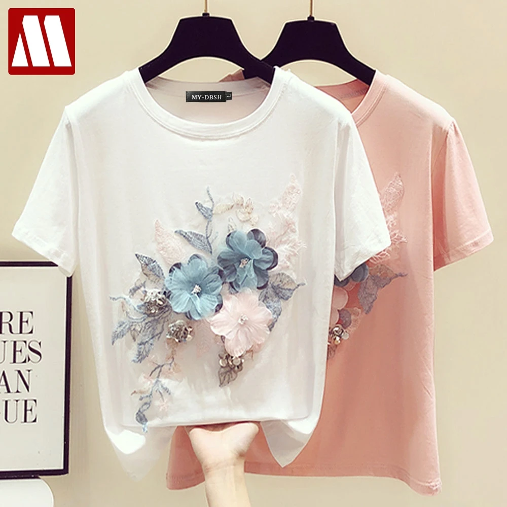 2023 Summer Lady Embroidery Beading Flower Tshirt Woman O Neck Short Sleeve Undershirt Girl Tops T-shirts Women Floral Tee Shirt