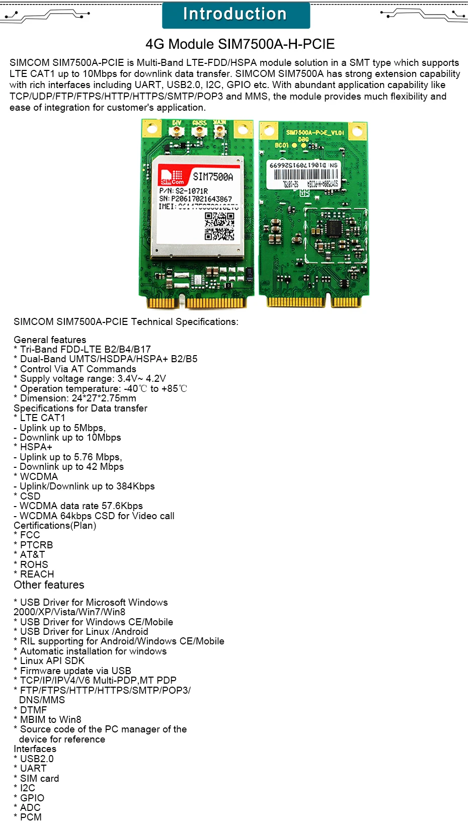 Северная Америка LTE регион SIM7500A-H с MINI PCIE интерфейсом, SIM7500A-H-PCIE, B2(1900) B4(AWS) B17(700bc