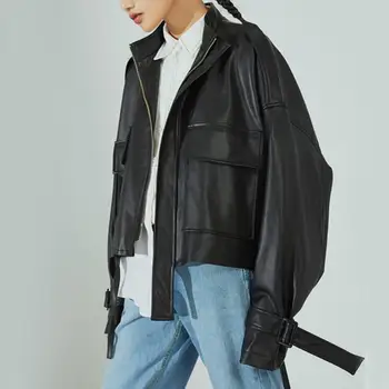 

2019 Autumn Stand Collar Pu Jacket Streetwear Loose Motorcycle Coat Zippers Pockets Batwing Sleeve Faux Leather Coats