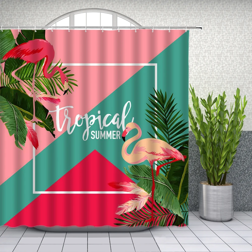 

Flamingo Shower Curtains Green Leaf 3D Print Waterproof Polyester Nordic Home Decoration Bath Room Bathroom Decor With Hooks