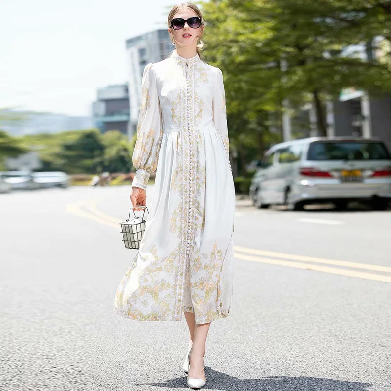 

VERDEJULIAY Runway White Dress 2020 Autumn Winter Fashion New Designer Lantern Sleeve Buttom Flower Print Long Elegant Dress