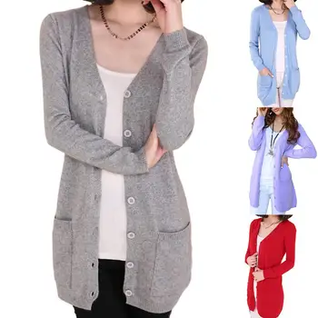 

Plus Size Women Solid Color Long Sleeve Buttons Cardigan Midi Thin Knitted Coat