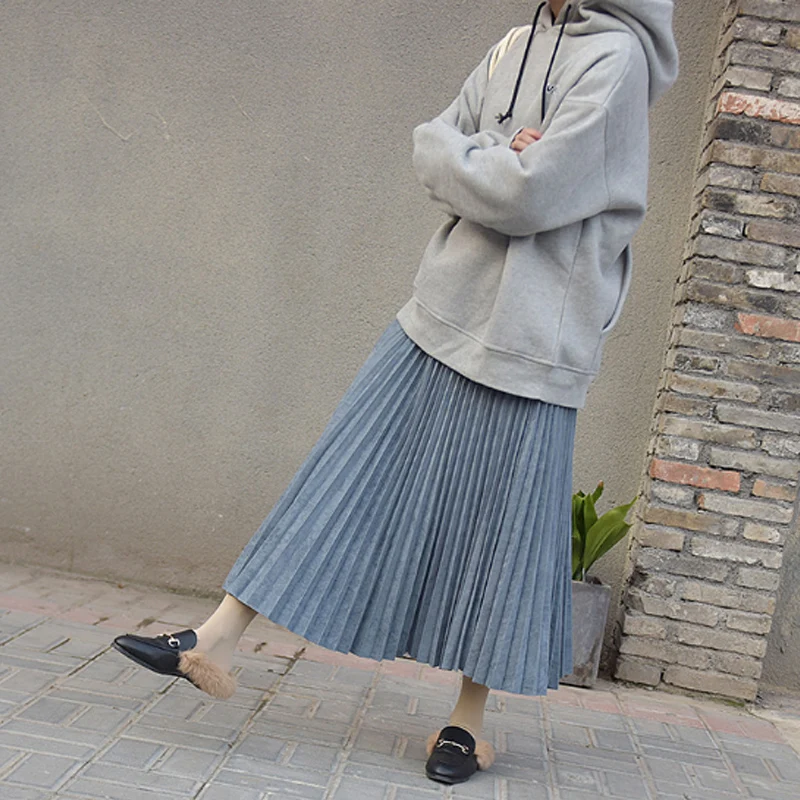 Двухслойная осенне-зимняя женская замшевая юбка, длинная Плиссированная юбка для женщин, s Saias Midi Faldas, винтажная Женская юбка