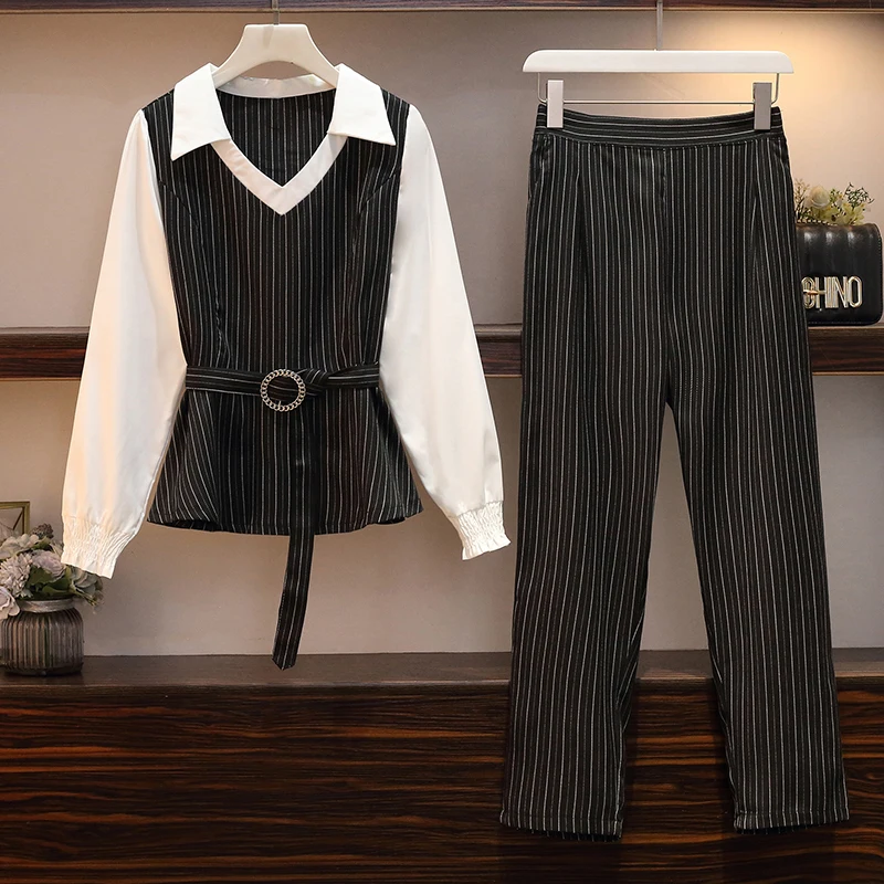 

2019 New Striped two piece set top and pants Set plus size lounge wear autumn clothes for women korean style