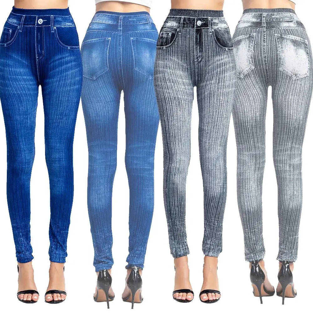 WENYUJH, женские тонкие зимние джеггинсы, бесшовные леггинсы, дамские, с карманами, в полоску, с высокой талией, имитация джинсов, деним, узкие брюки, леггинсы
