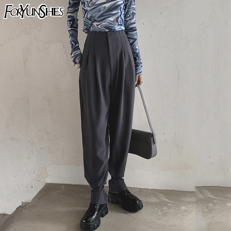 

FORYUNSHES Grey Loose Casual Suit Pants Women Autumn Fashion Korean High Waist Straight Pants Bottom Button Harem Trousers 2020