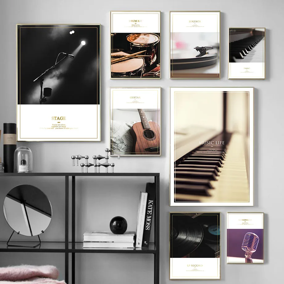 Настенная живопись на холсте фортепиано барабанная гитара Микрофон музыкальные