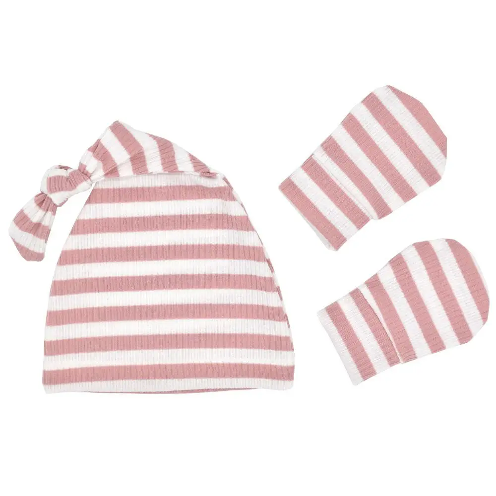 Коллекция года, модные детские шапки и перчатки в полоску, хлопковые детские колпачки на осень и весну, реквизит для фотосъемки новорожденных девочек и мальчиков - Цвет: Pink