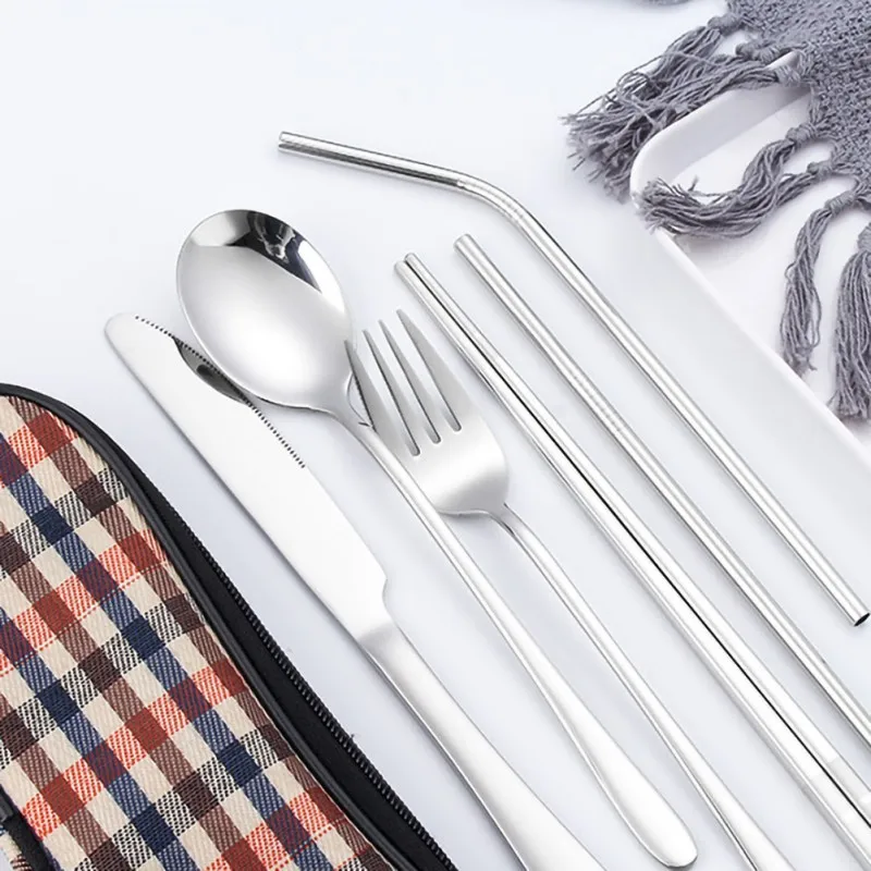 Stainless Steel Cutlery Set Plaid Holding Bag Portable Outdoor Picnic Tableware Fork Knife Spoon Chopsticks Straw Dinner Set
