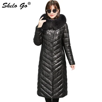 

Genuine Leather Coat Elegant Real Fox Fur Collar Hooded Button Front Sheepskin X-Long Down Coat Women Winter Casual Outwear