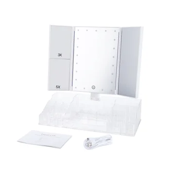 

Portable Folding Makeup Mirror Cosmetic Storage Box Bathroom Cosmetic Mirror With Touch Dimmer Switch 21 LED Lights