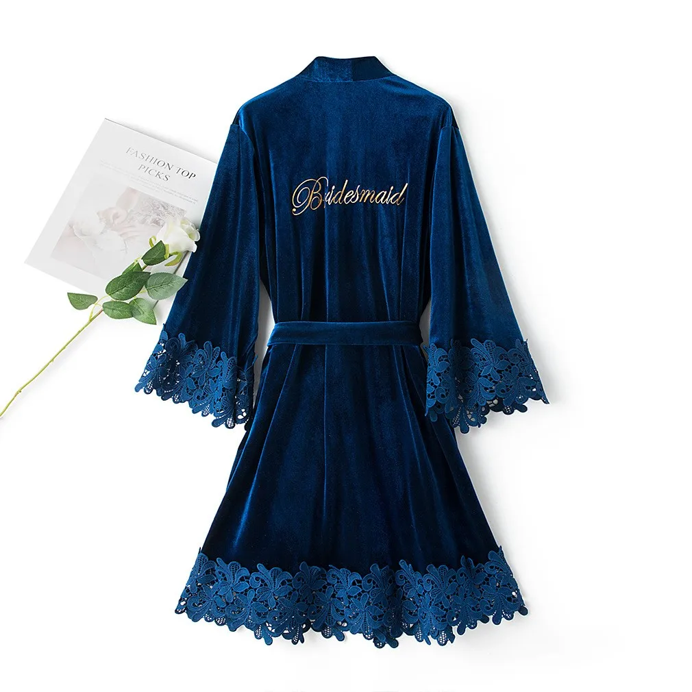 Embroidery Velour Lace Kimono Bathrobe Gown Letter Bride Bridesmaid Wedding Robe Sexy Sleepwear Intimate Lingerie Nightwear