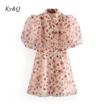 

2020 Summer Fashion Elegant Mesh Floral Printed Lantern Short Sleeve Mini Dress Brand Design Luxury Lapel Party Dress Clothes