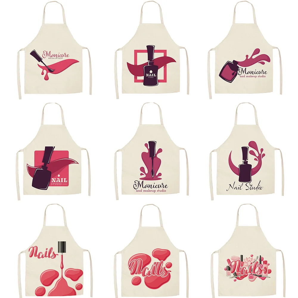 

High Quality Pink nail polish series Apron Fabric linen printed bodice overalls apron Home Cooking Baking Bibs Cleaning Tools