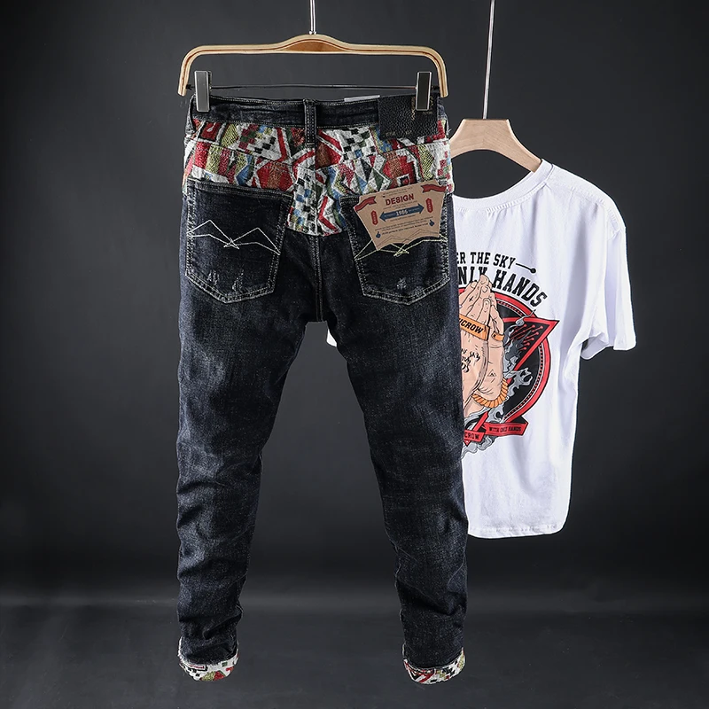 Fashion Streetwear Jeans High Quality Elastic Slim Fit Embroidery Designer Denim Pants Japanese Style Patchwork Trousers