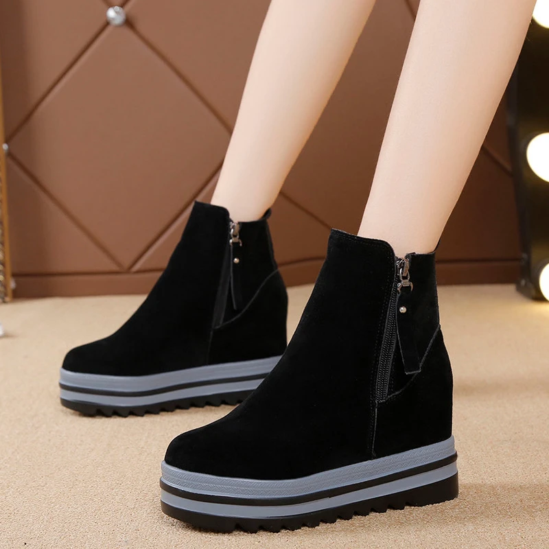 Botines de punta redonda para mujer, botas de plataforma con cuñas elevación interna, zapatos de invierno|Botas hasta tobillo| AliExpress