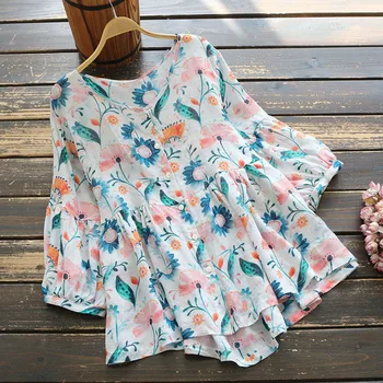 

New summer women tops fresh half sleeve thin ramie loose tops shirt floral print tops