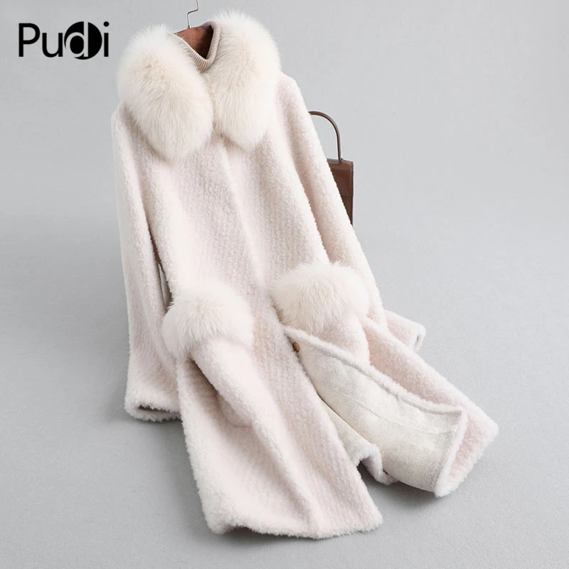 Pudi, Женское пальто из натуральной шерсти, куртка, зимняя, теплая, женская, из настоящей овечьей шерсти, пальто с натуральным лисьим меховым воротником, A19038
