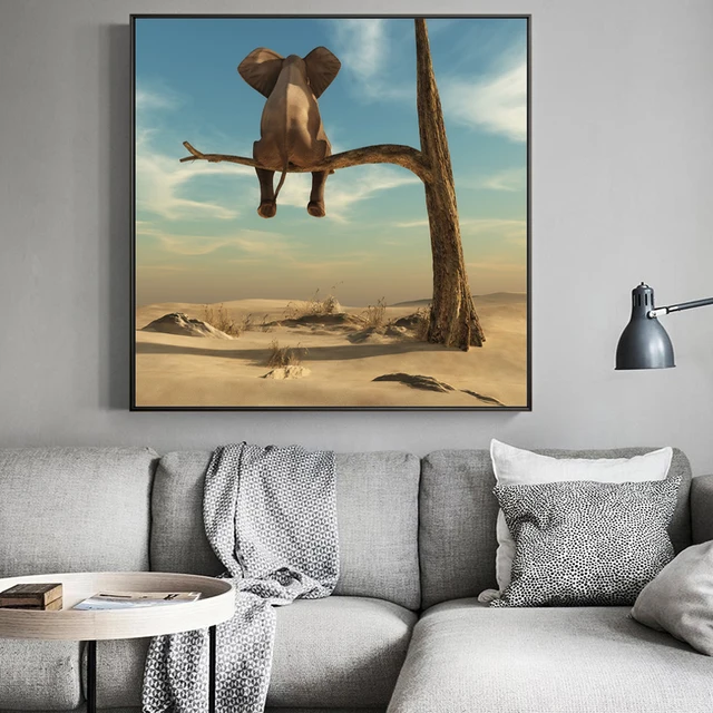 Elephant Sits On Tree Branch Surrealism Painting Printed on Canvas 3