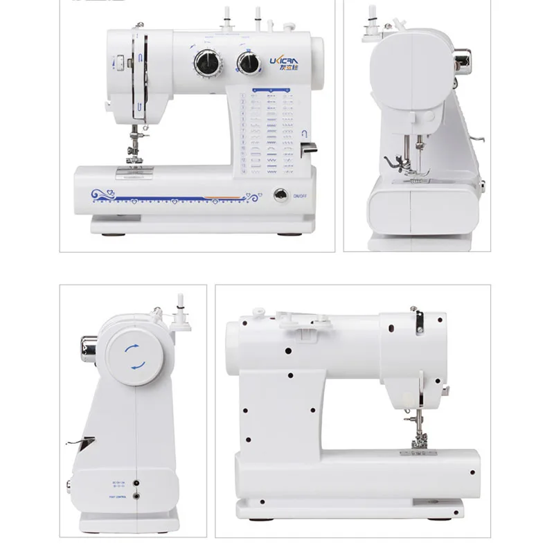 Tanie Mini Electric 18W prędkość 250 300 obr Min elektryczna maszyna do szycia 42 rodzaje szycia pas lampka przenośna typu