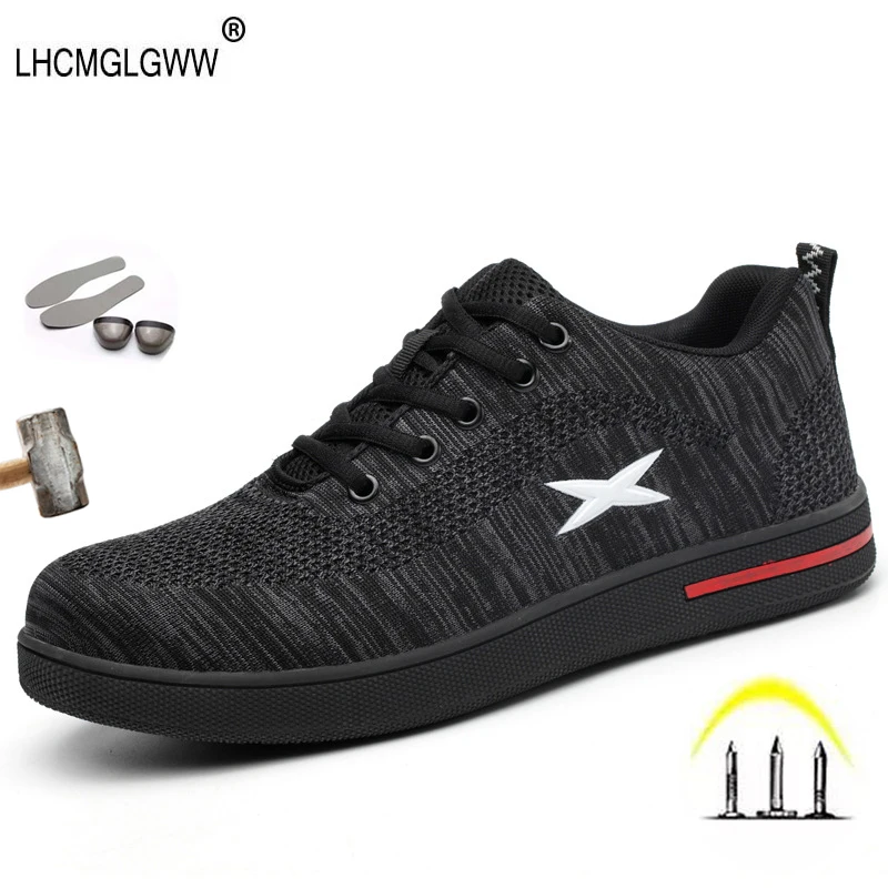 Zapatos de seguridad para el trabajo para hombre, calzado de talla grande, informal, transpirable, con punta de acero, para exteriores, zapatillas planas de protección, botas