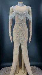 Silver Crystals Mesh Shiny Luxurious Evening Long Train Dress Birthday Wear Dance Performance Evening Stones Chains Costume