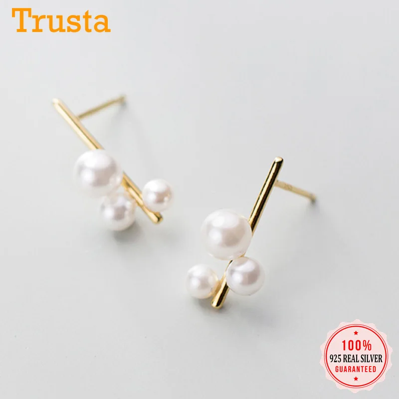 Trusta стерлингового серебра 925 Серьги гвоздики Золотая заколка с жемчугом женские свадебные украшения подарок для девочек DS2206