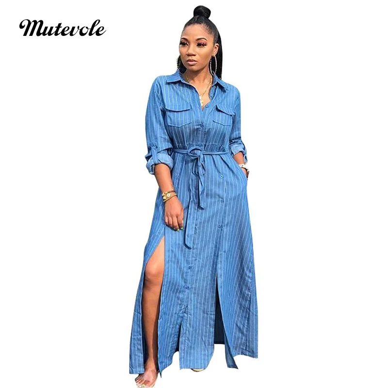 

Mutevole Elegant Long Striped Shirt Dress Women Autumn Casual Full Sleeve Maxi Dress Turn Down Collar Sexy High Split Dress