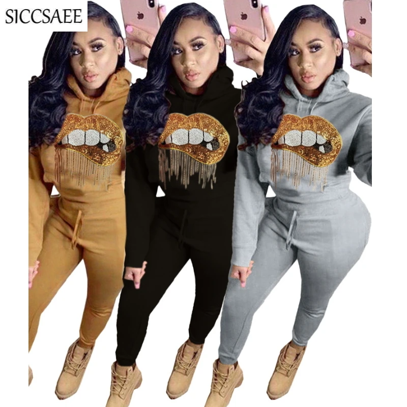 

Lips Sequins Two Piece Set Glitter Outfits For Women Hoodies Sweatshirt Pullover Long Pants Moleton Feminino Activewear Sparkly