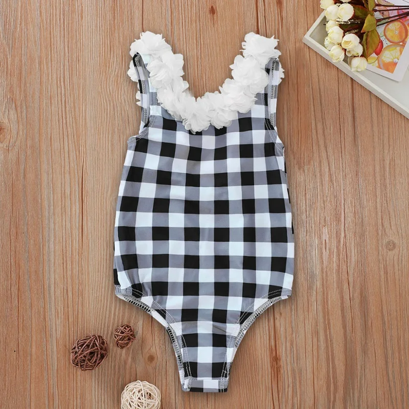

Swimwear For Girls 6 Months To 5 Years Old Plaid Print Petal Ruffled Sleeveless cute Bodysuit Swimsuit 2020