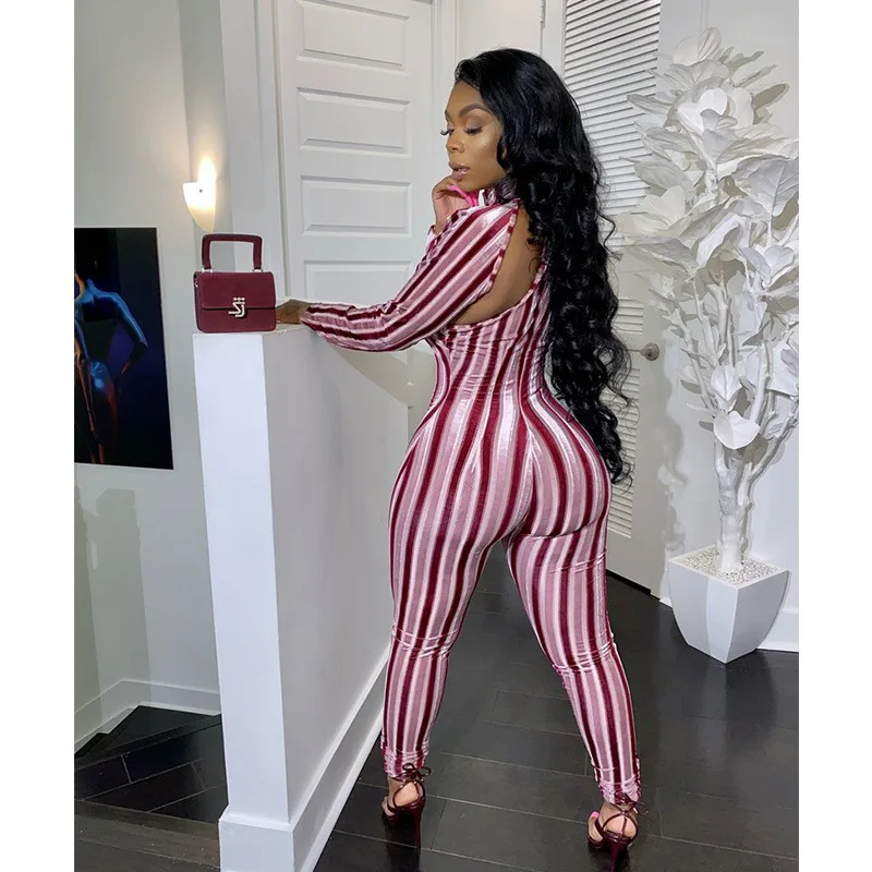 LEOSOXS woman High elastic striped print hollow out long-sleeve jumpsuit turtleneck street casual Sports long playsuit outfit