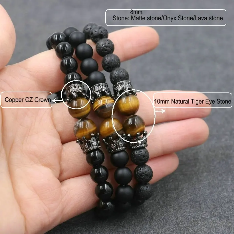 Fashion Men Bracelet Natural Lava Stone Tiger Eye stone Bracelet Charm Copper Luxury Crown Bracelet Men Beads Jewelry Pulseira - Image 5