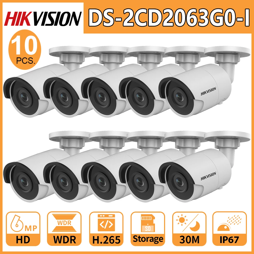 10 штук. Hikvision оригинальная IP камера HD 6 Мп IR Fixed Bullet DS 2CD2063G0 I PoE H.265 наружная