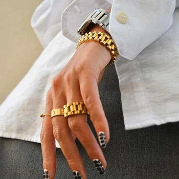 Peri'sbox Solid Gold Color Bold Heavy Thick Bangle for Women Classic Wide Link Chain Strap Stackable Bangle Stainless Steel