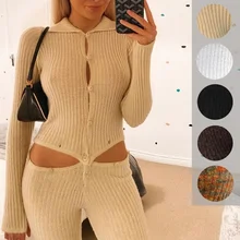 

Ribbed knit jumpsuit autumn and winter two-piece suit tight-fitting long-sleeved buttoned women's sweater long-sleeved jumpsuit