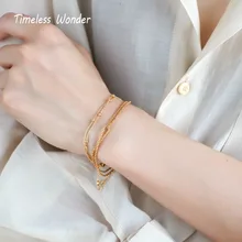Timeless Wonder, латунный многослойный браслет с бусинами и цепочками, ювелирные женские браслеты в стиле панк, готика, кнопка в стиле бохо, хип-хоп, золото, мода 5192