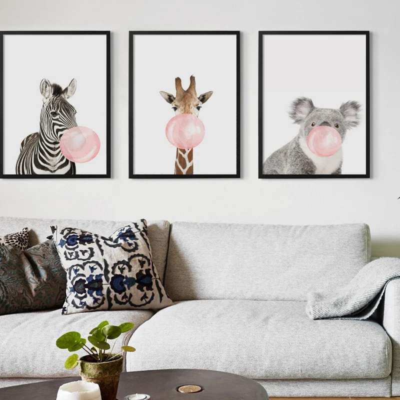 

Bubble Chewing Gum Giraffe Zebra Animal Posters Canvas Art Painting Wall Art Nursery Decorative Picture Nordic Style Kids Deco