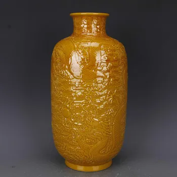 

Antique Yellow Glaze Embossed Dragon Home Decoration Porcelain Flower Vase Collection Vase