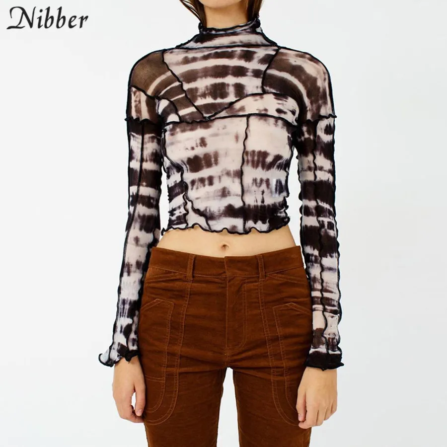 NIBBER 2020 spring summer black mesh patchwork crop tops women long sleeves sexy backless T-shirt fashion vintage stretch tees NIBBER 2020 spring summer black mesh patchwork crop tops women long sleeves sexy backless T-shirt fashion vintage stretch tees