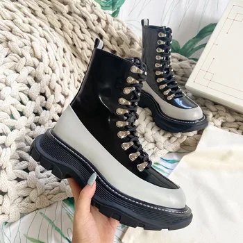 

Women Platform Boots Genuine Leather Ankle Boots Mixed-color Lace Up Metal 2020 Luxury Design Brand Square Heels Botas De Mujer